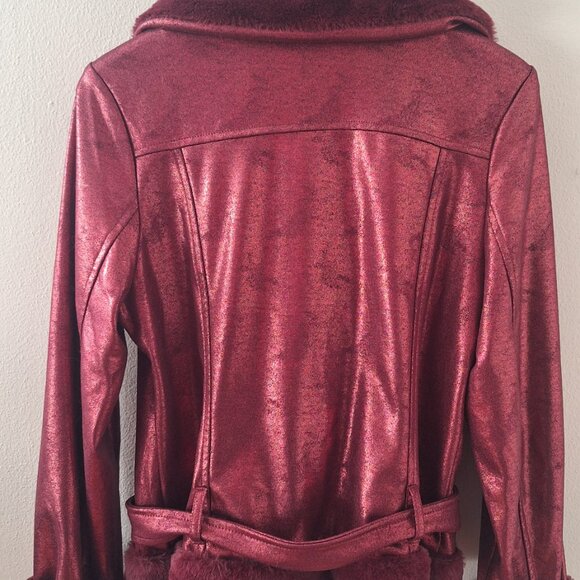 Wine Burgundy soft stretch foiled faux fur cropped moto jacket Women's Large NWT - Picture 2 of 6